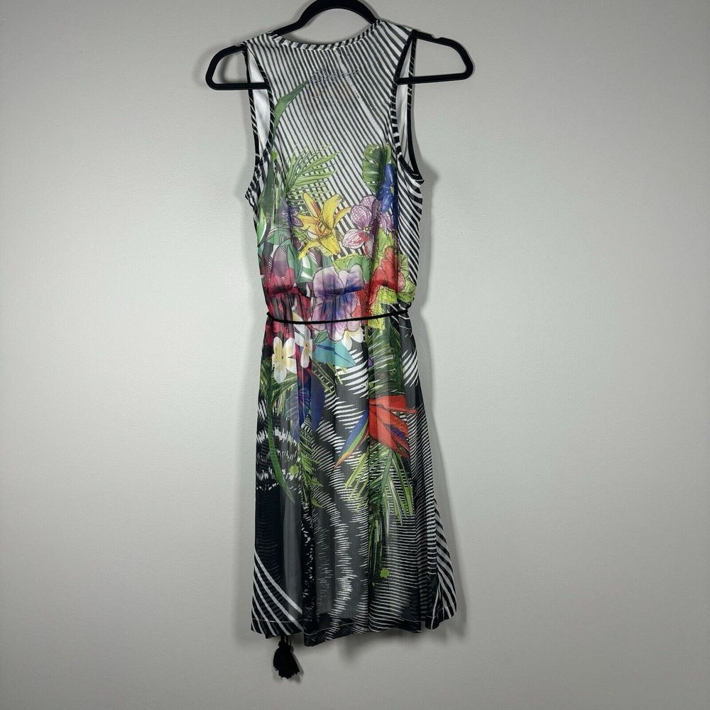 Desigual Size 40 Black White Floral Gusti Sleeveless Belted Knee Length Dress - Picture 2 of 10